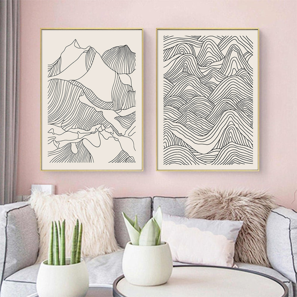 50cmx70cm Line Art Mountain 2 Sets Gold Frame Canvas Wall Art