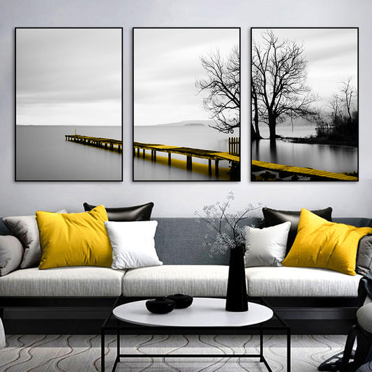 50cmx70cm Calm Lake Bridge Tree Scene 3 Sets Black Frame Canvas Wall Art