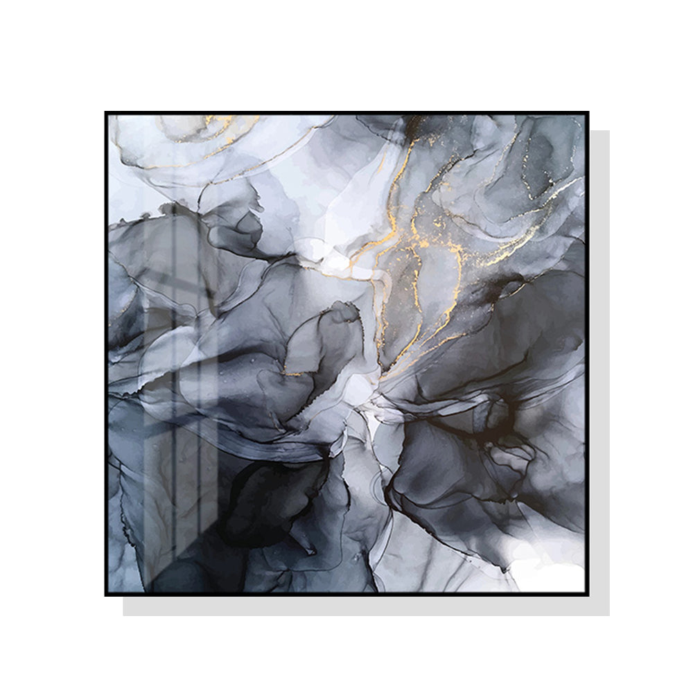 60cmx60cm Marbled Black Grey Black Frame Canvas Wall Art