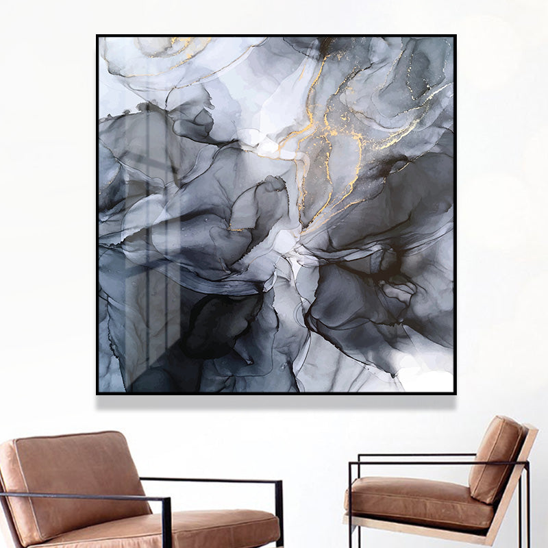 60cmx60cm Marbled Black Grey Black Frame Canvas Wall Art