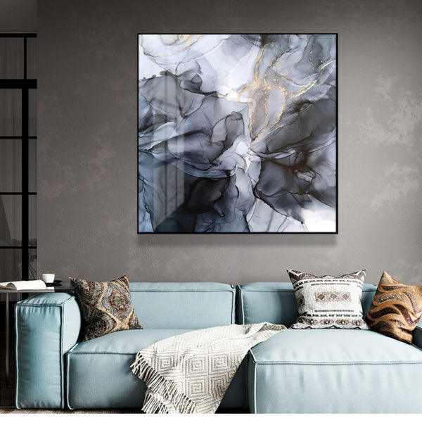 60cmx60cm Marbled Black Grey Black Frame Canvas Wall Art