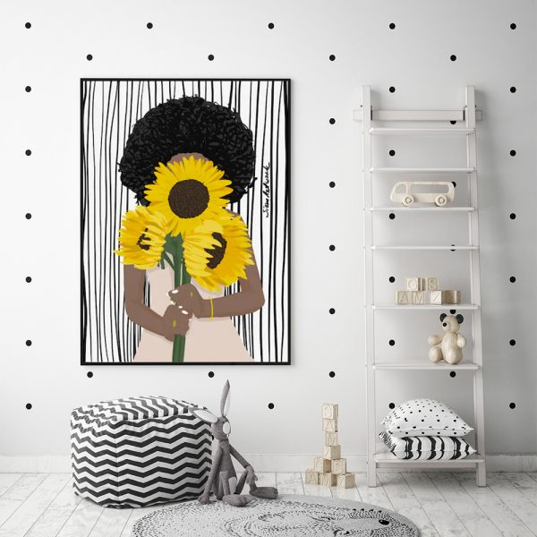 80cmx120cm African Woman Sunflower Black Frame Canvas Wall Art