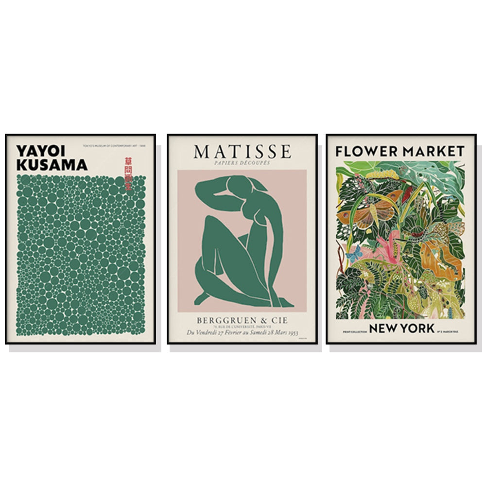 40cmx60cm Flower Market, Matisse Print, Yayoi Kusama 3 Sets Black Frame Canvas Wall Art