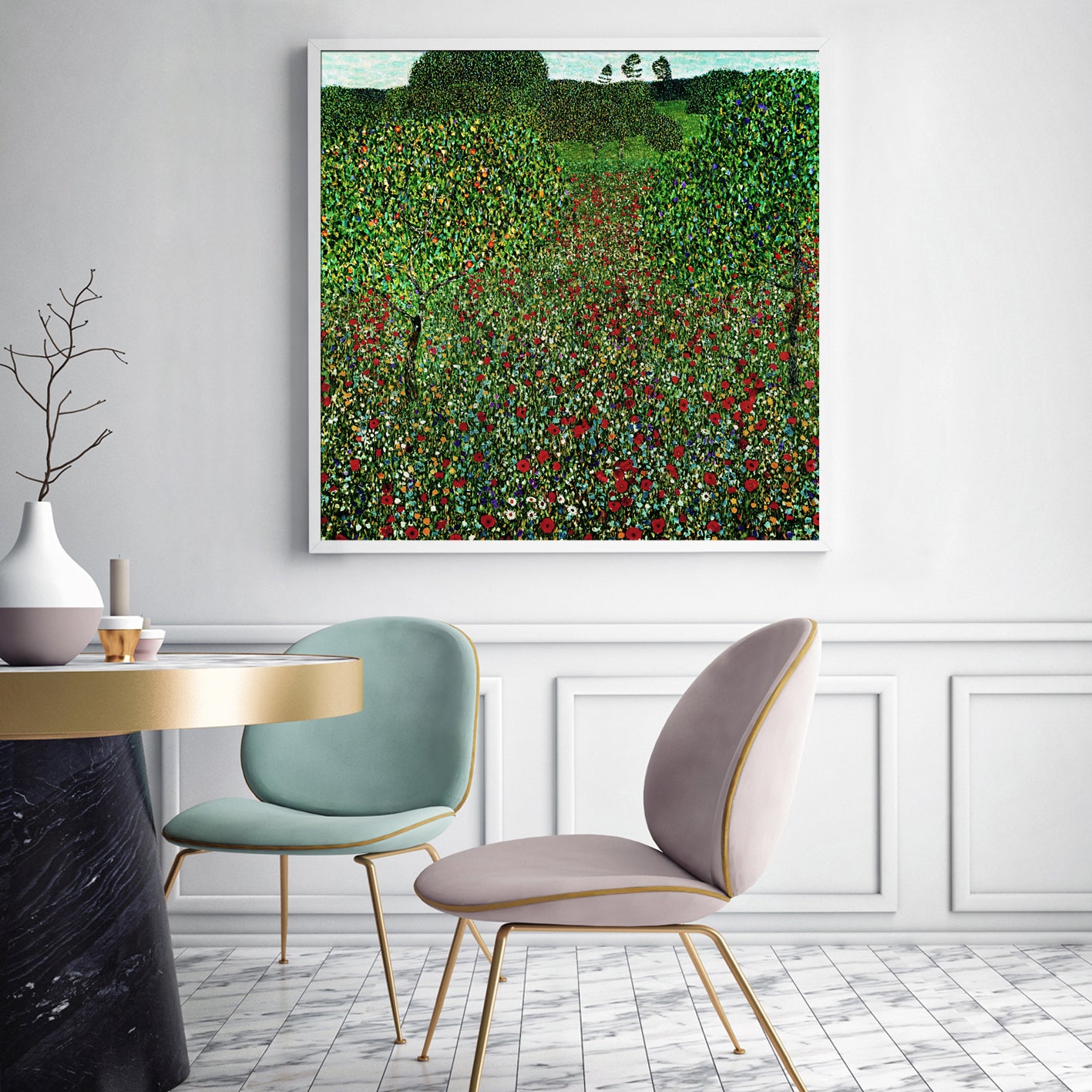 70cmx70cm Field of Poppies by Gustav Klimt White Frame Canvas Wall Art