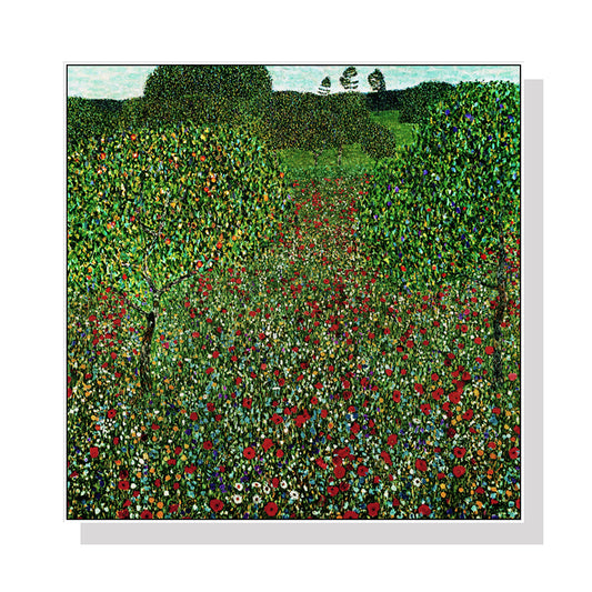 80cmx80cm Field of Poppies by Gustav Klimt White Frame Canvas Wall Art