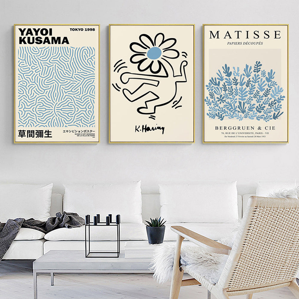 40cmx60cm Blue Matisse,Yayoi Kusama, Keith Haring Mix Art 3 Sets Gold Frame Canvas Wall Art