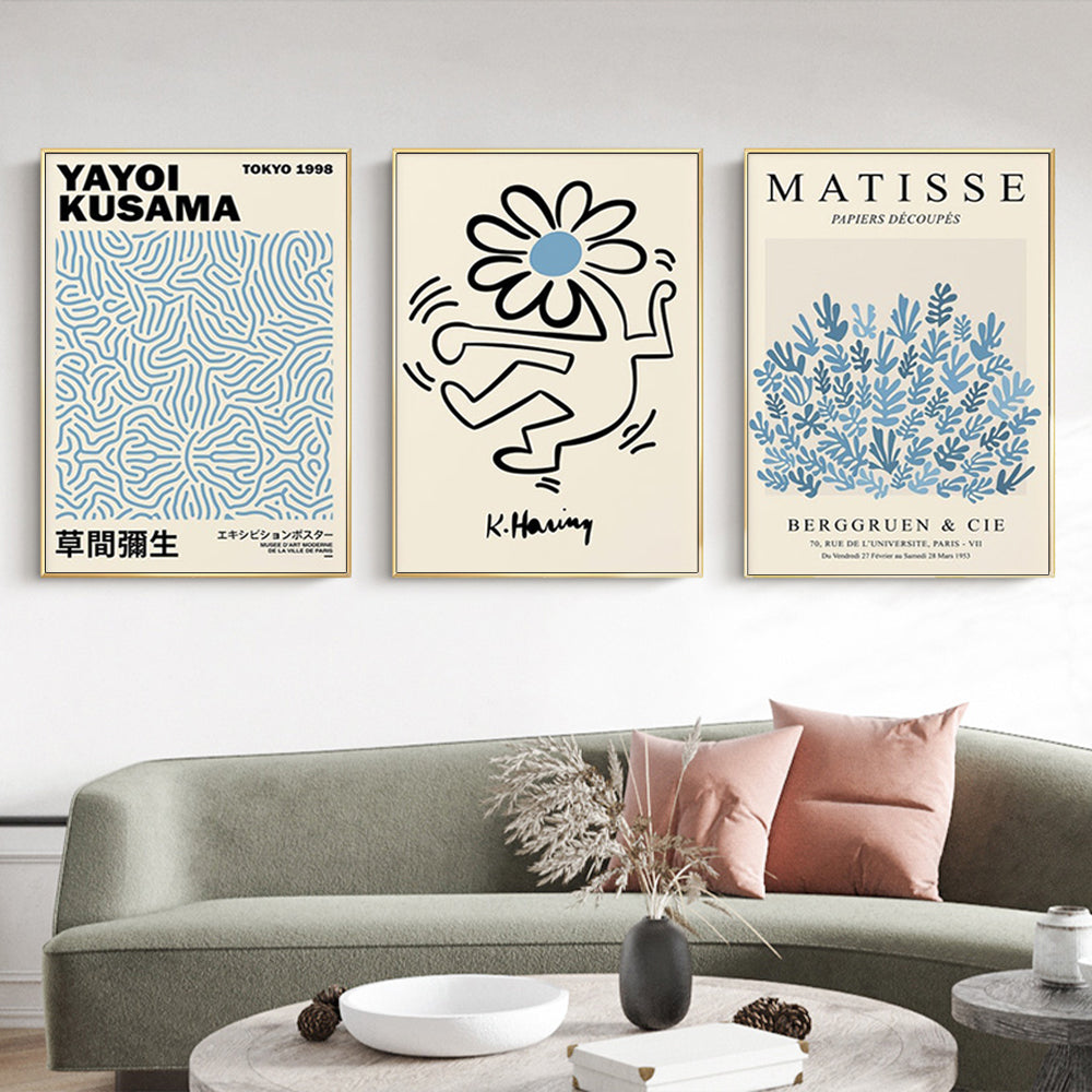 40cmx60cm Blue Matisse,Yayoi Kusama, Keith Haring Mix Art 3 Sets Gold Frame Canvas Wall Art