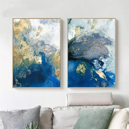 70cmx100cm Marbled Blue And Gold 2 Sets Gold Frame Canvas Wall Art