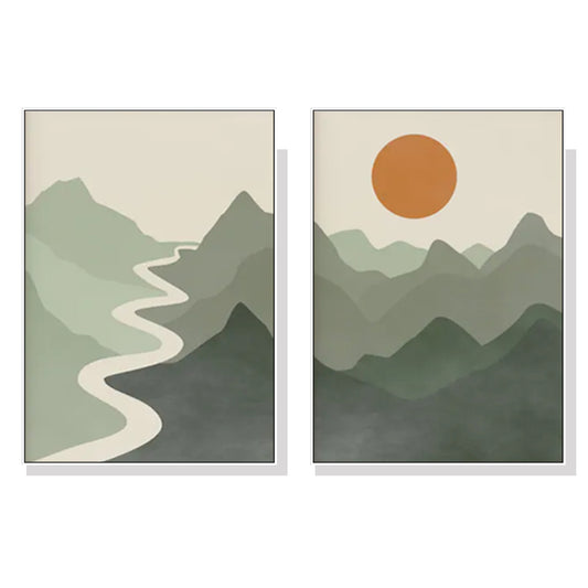 40cmx60cm Sage Green River Mountain 2 Sets White Frame Canvas Wall Art