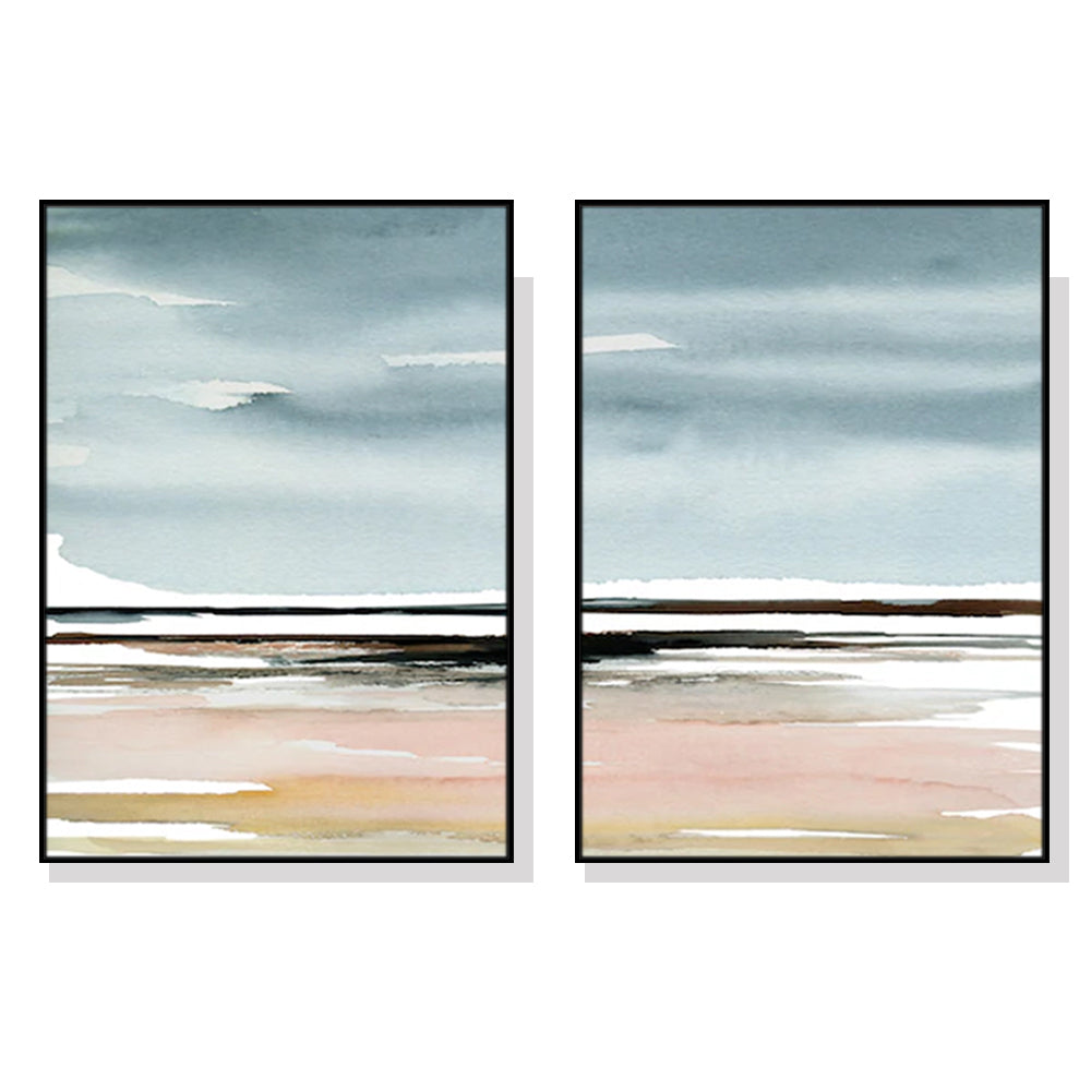 40cmx60cm Pink Beach Landscape 2 Sets Black Frame Canvas Wall Art