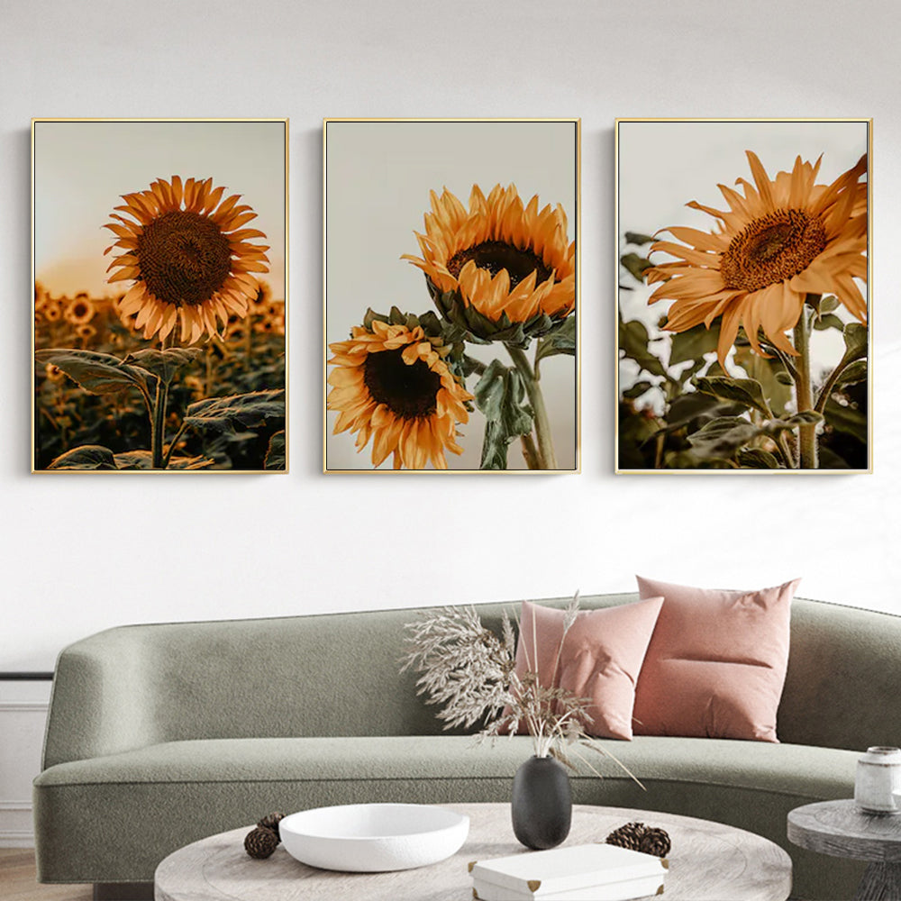 40cmx60cm Sunflower 3 Sets Gold Frame Canvas Wall Art