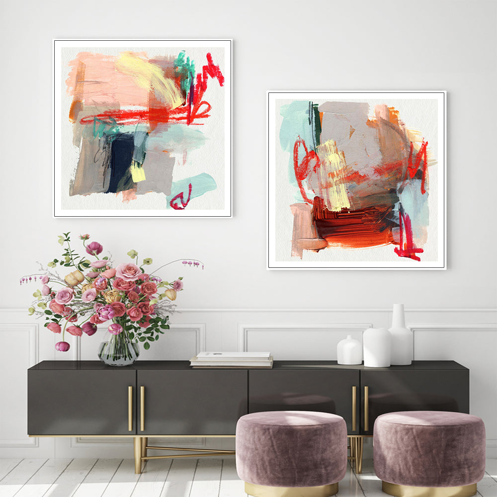 60cmx60cm Abstract Colourful Garden 2 Sets White Frame Canvas Wall Art