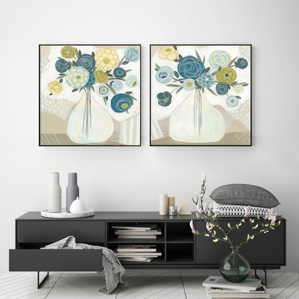 40cmx40cm Blue Bouquet 2 Sets Black Frame Canvas Wall Art