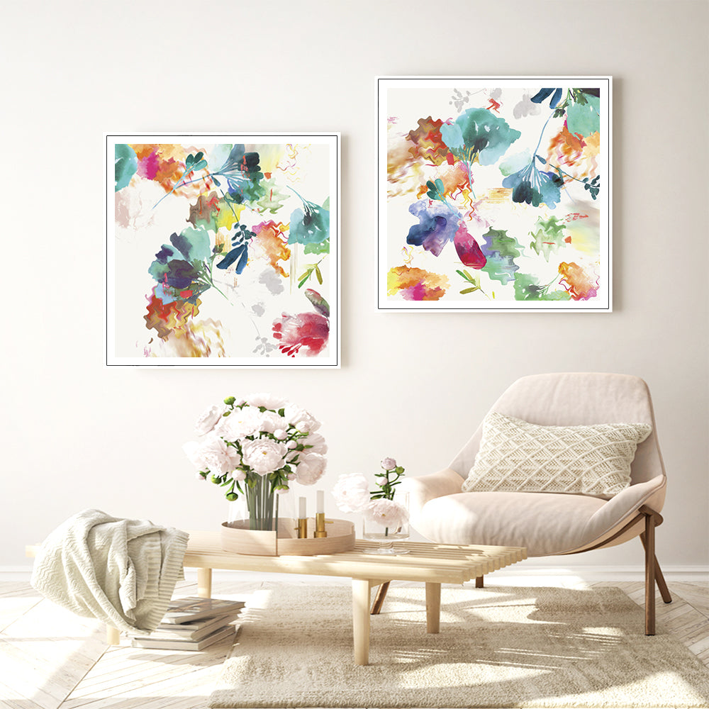 60cmx60cm Glitchy Floral 2 Sets White Frame Canvas Wall Art