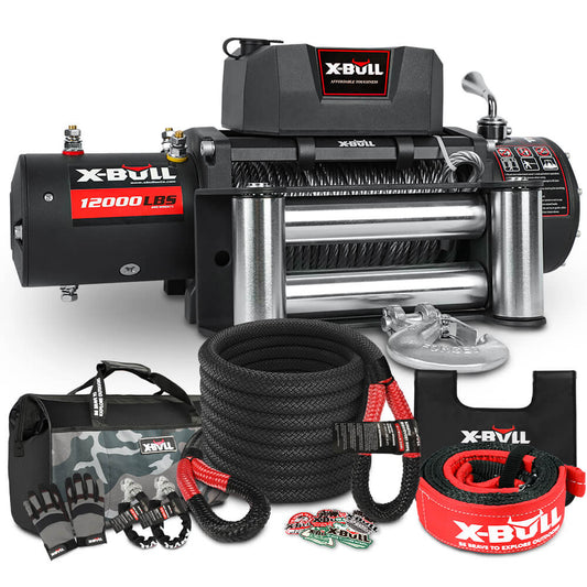 X-BULL 4WD Recovery Kit Kinetic Recovery Rope With 12000LBS Electric Winch 12V Winch 4WD 4X4 Offroad
