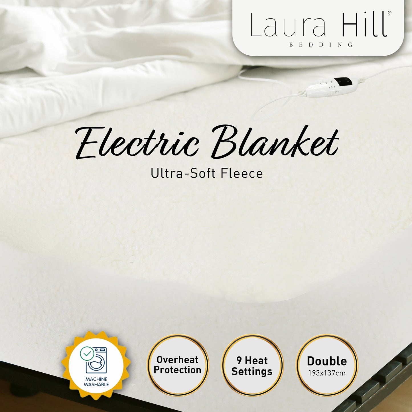 Laura Hill Heated Electric Blanket Double Size Fitted Fleece Underlay Winter Throw - White