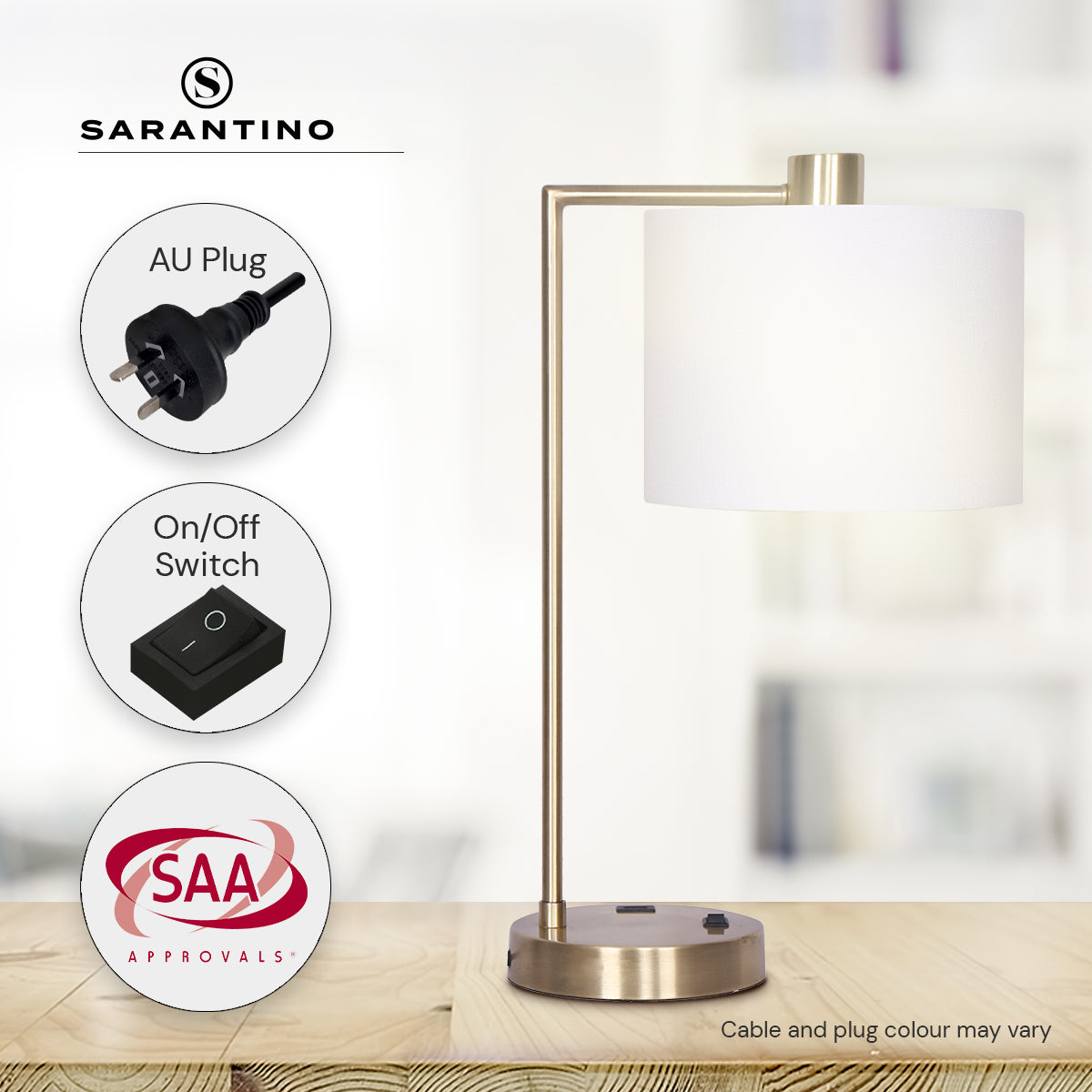 Sarantino Metal Task Lamp with USB Charging Port Antique Brass Finish