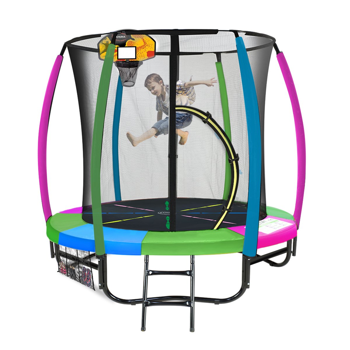 Kahuna Classic 6ft Trampoline Free Ladder Spring Mat Net Safety Pad Cover Round Enclosure Basketball Set - Rainbow