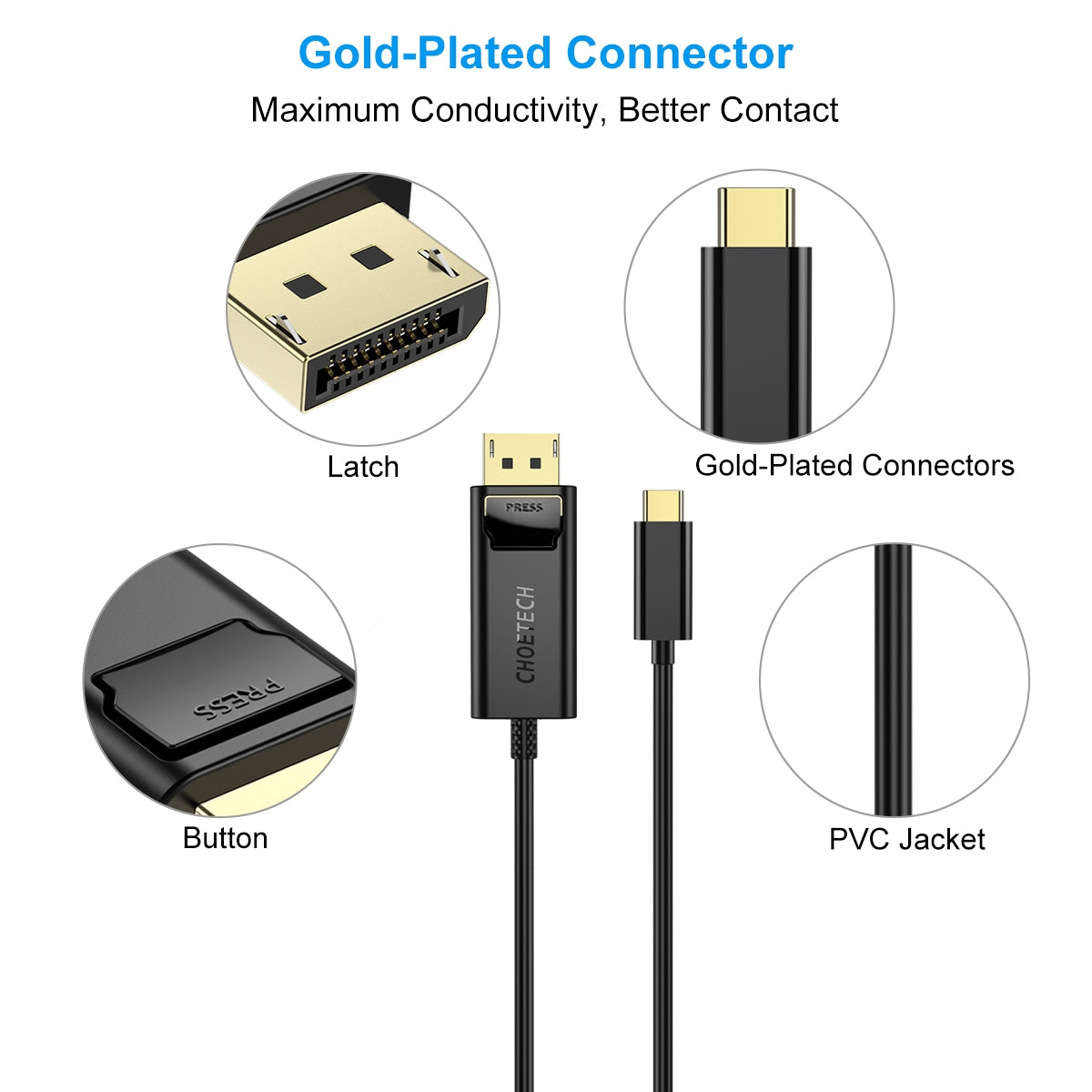 Choetech XCP-1801BK USB-C to DisplayPort Cable 1.8m