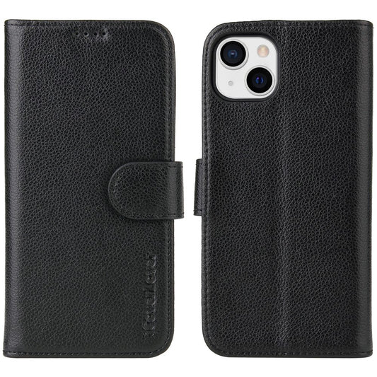 For iPhone 14 Plus Case iCoverLover Black Genuine Cow Leather Wallet Folio Cover
