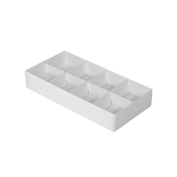 10 Pack of White Card Chocolate Sweet Soap Product Reatail Gift Box - 8 bay 3cm Compartments - Clear Slide On Lid - 16x8x3cm