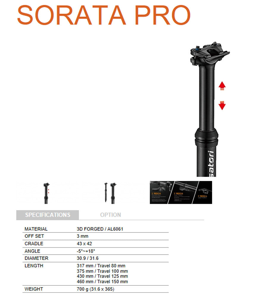Satori Sorata Pro MTB Mountain Bike Adjustable Seatpost Internal Cable 30.9 Diameter 125mm Travel