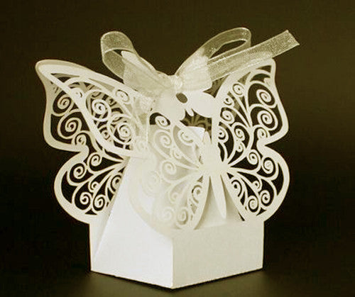 Ivory Cream Butterfly Wedding Engagement Party Bomboniere Favour Lolly Gift Almond Card Box - 10 Pack