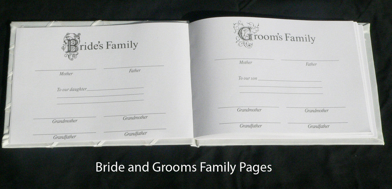 White Wedding Guest Book Register with Silver Pen Matching Stand Set 36 Lined Pages - Ivory Sach Ribbon Cover