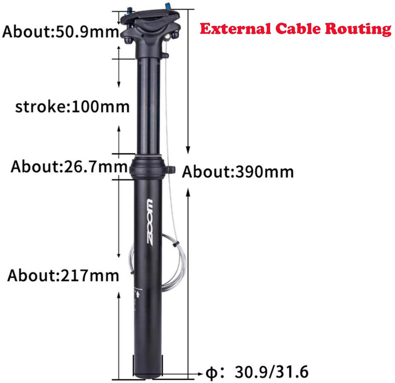 ZOOM SPD-801 Dropper Seatpost Adjustable Height via Thumb Remote Lever - External Cable 31.6 Diameter 100mm Travel