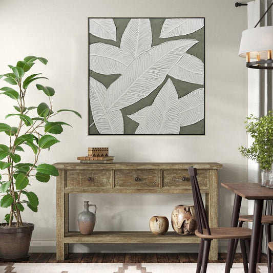 100X100cm Emerald Oasis: Leaves of Serenity Champagne Framed Hand Painted Canvas Wall Art