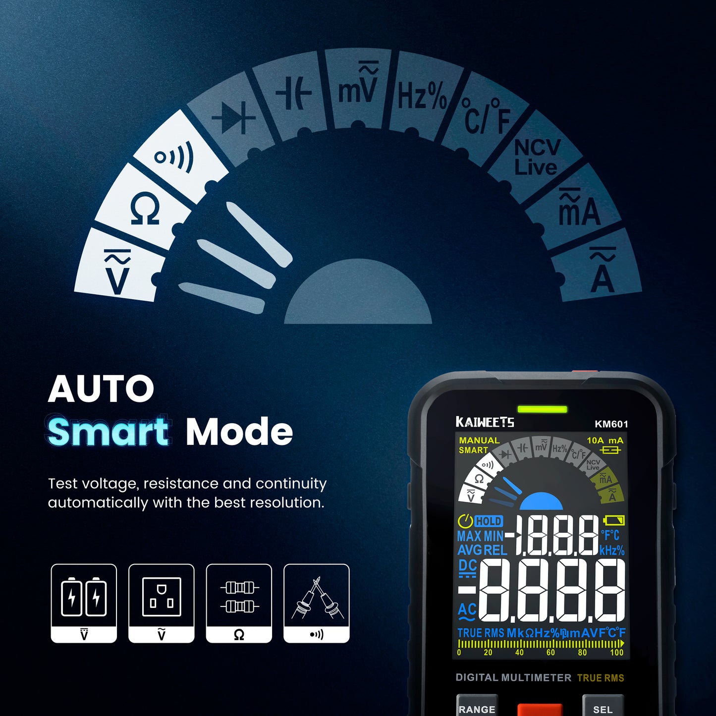 KAIWEETS Digital Multimeter Voltmeter Smart Electrical Tester Measures Voltage Current Resistance Continuity Duty-Cycle Capacitance Temperature Frequency Auto Ranging 10000 Counts TRMS