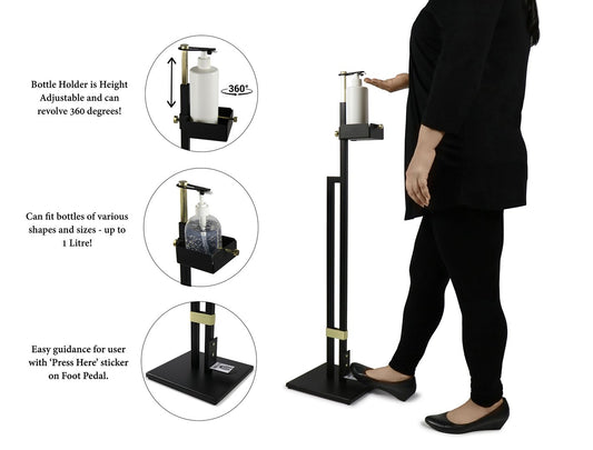 Lirash Touch Free Hand Sanitiser Dispenser Station Floor Stand Foot Operated - Gold Black