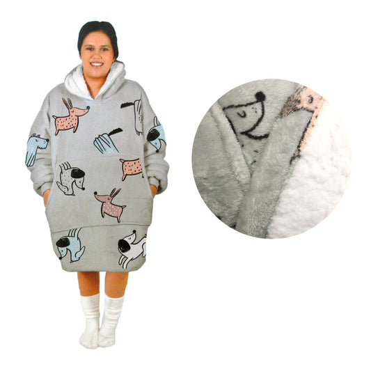 Adult Women Comfy Warm Blanket Hoodie with Sherpa Fleece Reverse Grey Dogs