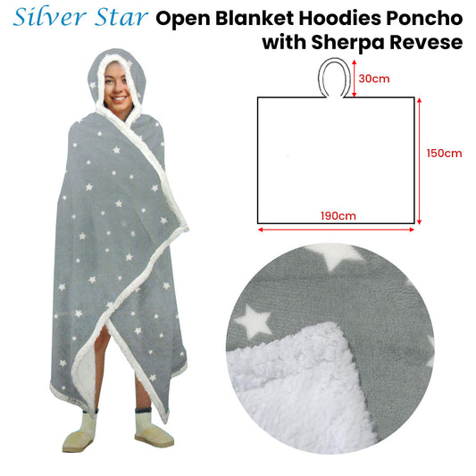 Adult Men Women Open Blanket Hoodie Poncho with Sherpa Fleece Reverse Silver Star