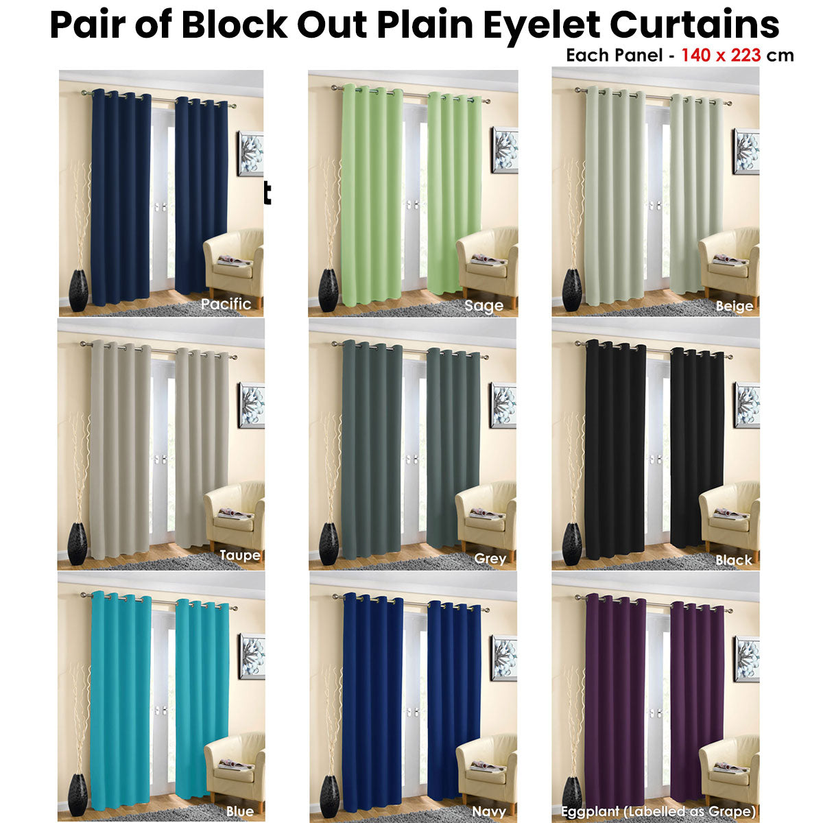 Pair of Blockout Plain Eyelet Curtains Blue