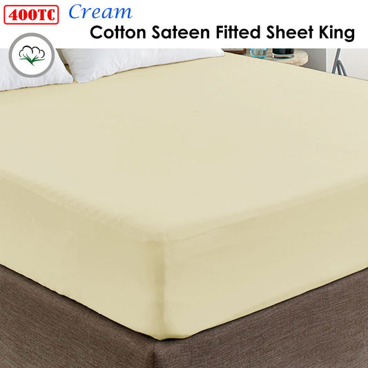 400TC Cream 100% Cotton Sateen Fitted Sheet King