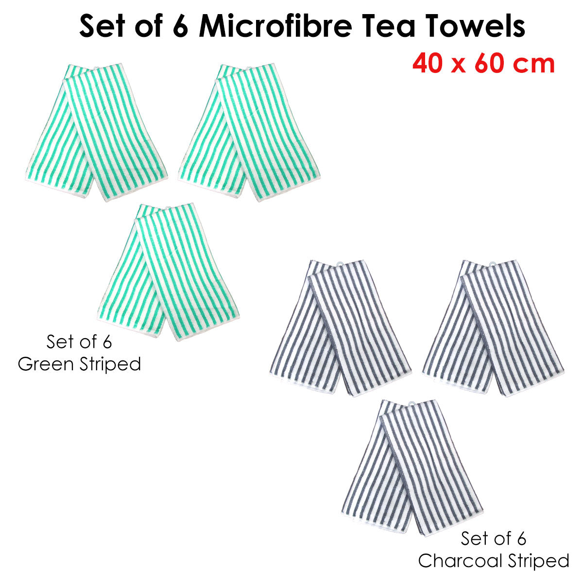 Set of 6 Microfibre Striped Tea Towels Green