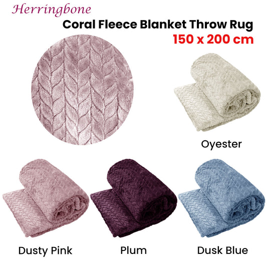 Herringbone Coral Fleece Blanket Throw Rug 150x200 cm Blue