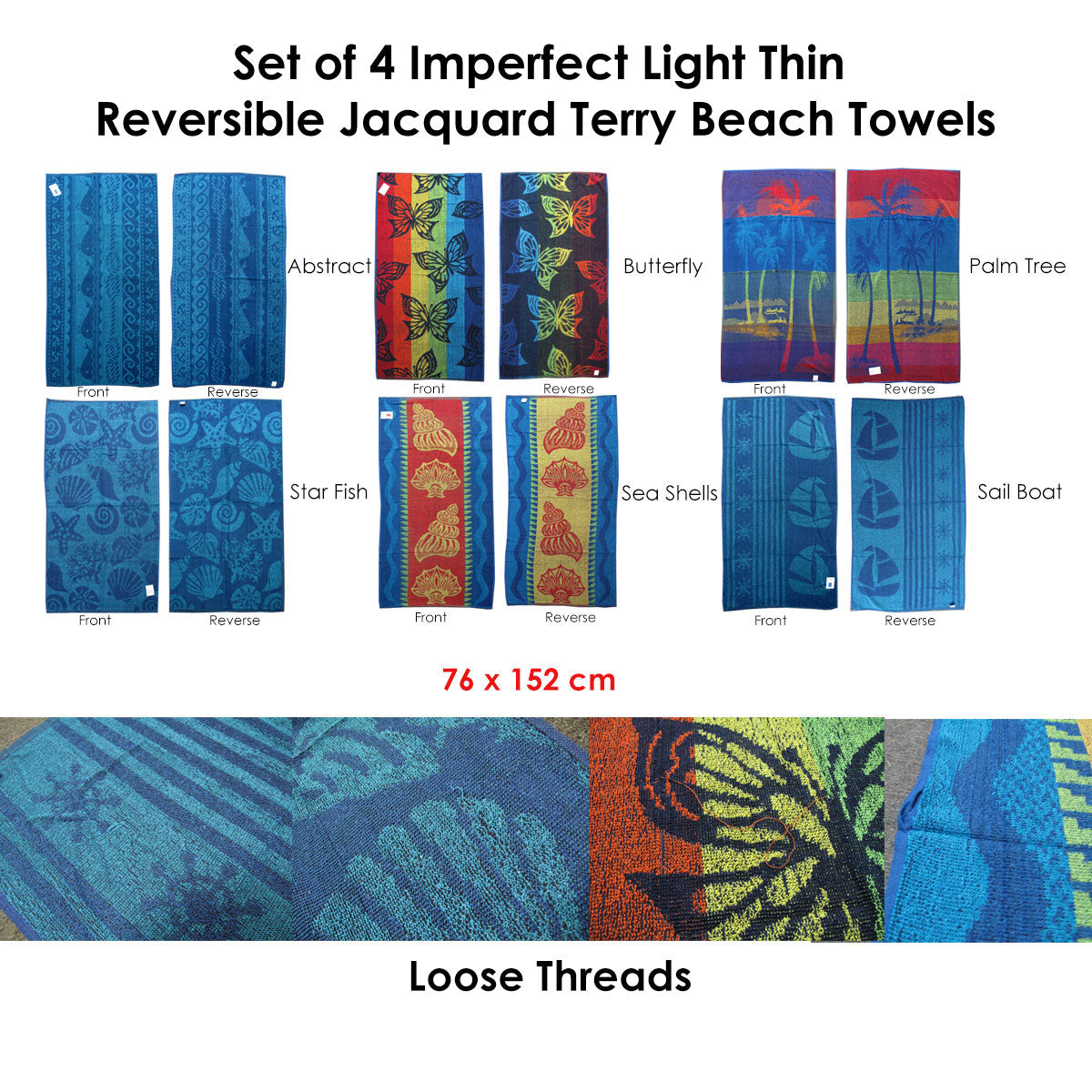 Set of 4 Imperfect Jacquard Terry Beach Towels Sea Shells