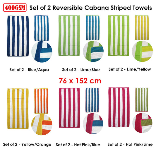 Set of 2 Reversible Cabana Striped Towels Lime/Yellow
