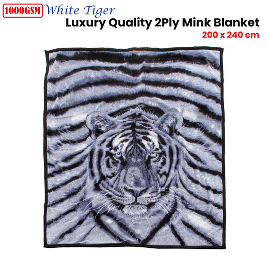 1000GSM White Tiger Luxury Quality 2 Ply Mink Blanket 200 x 240 cm