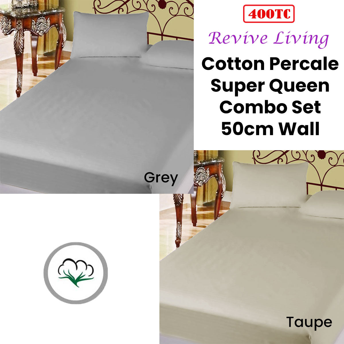 400TC Cotton Percale Super Queen Combo Set 50cm Wall Grey