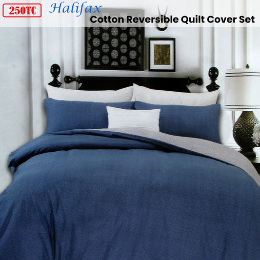 250TC Halifax Cotton Reversible Quilt Cover Set Queen