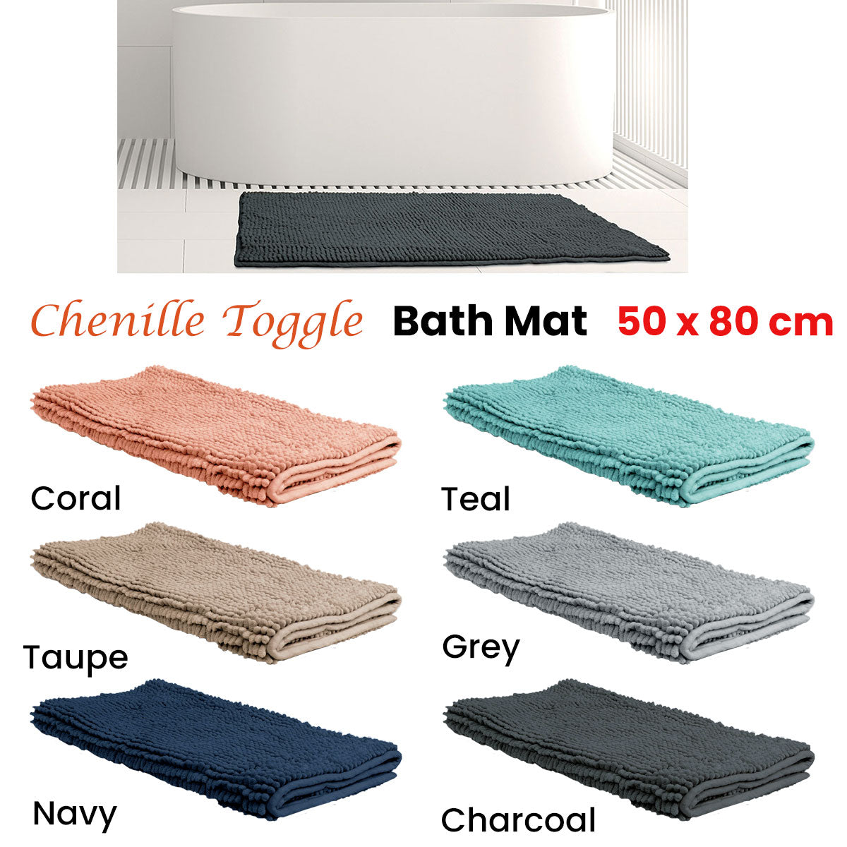 Chenille Toggle Bath Mat 50 x 80cm Charcoal
