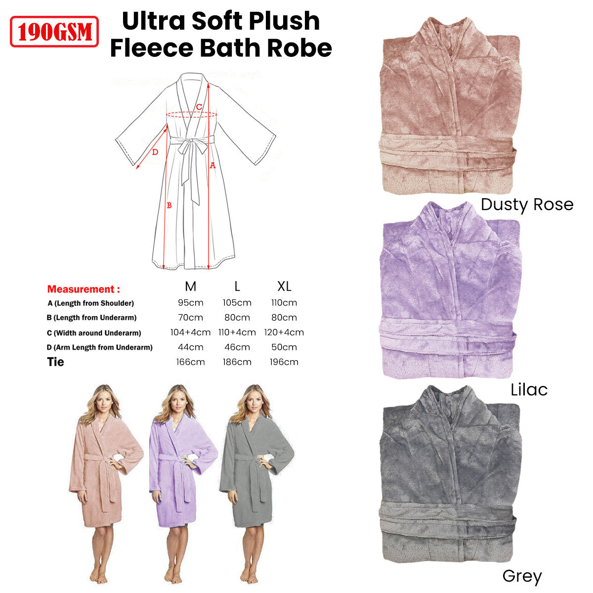 190GSM Ultra Soft Plush Fleece Bath Robe Dusty Rose XL