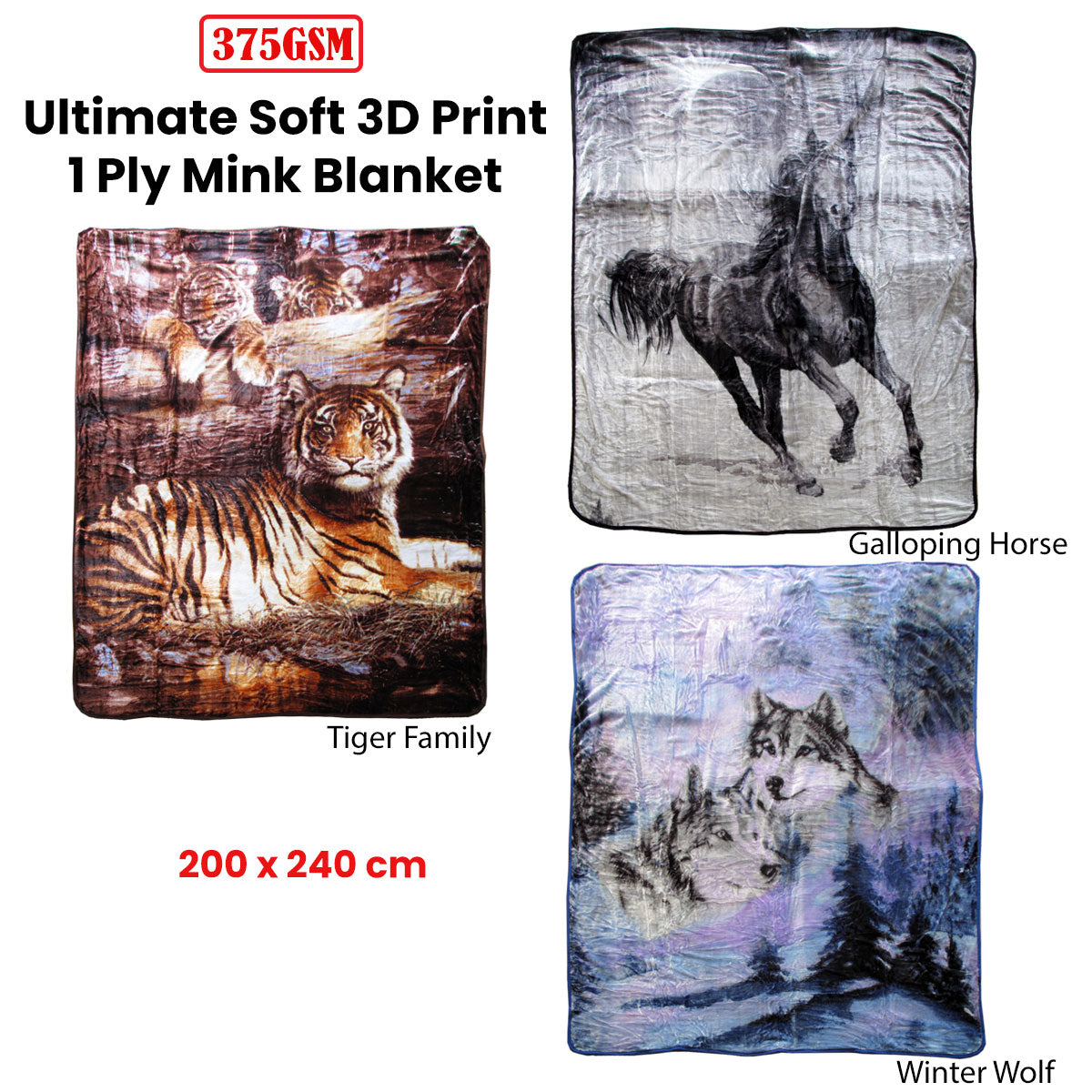 375gsm 1 Ply 3D Print Faux Mink Blanket Queen 200x240 cm Winter Wolf