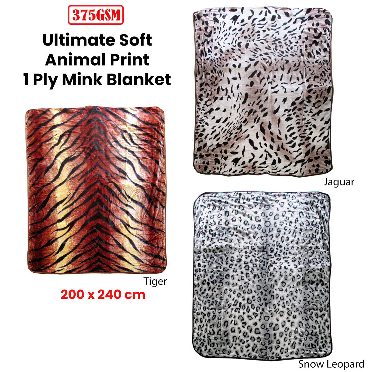 375gsm 1 Ply Animal Print Faux Mink Blanket Queen 200x240 cm Snow Leopard