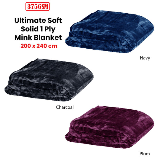 375gsm 1 Ply Solid Faux Mink Blanket Queen 200x240 cm Charcoal