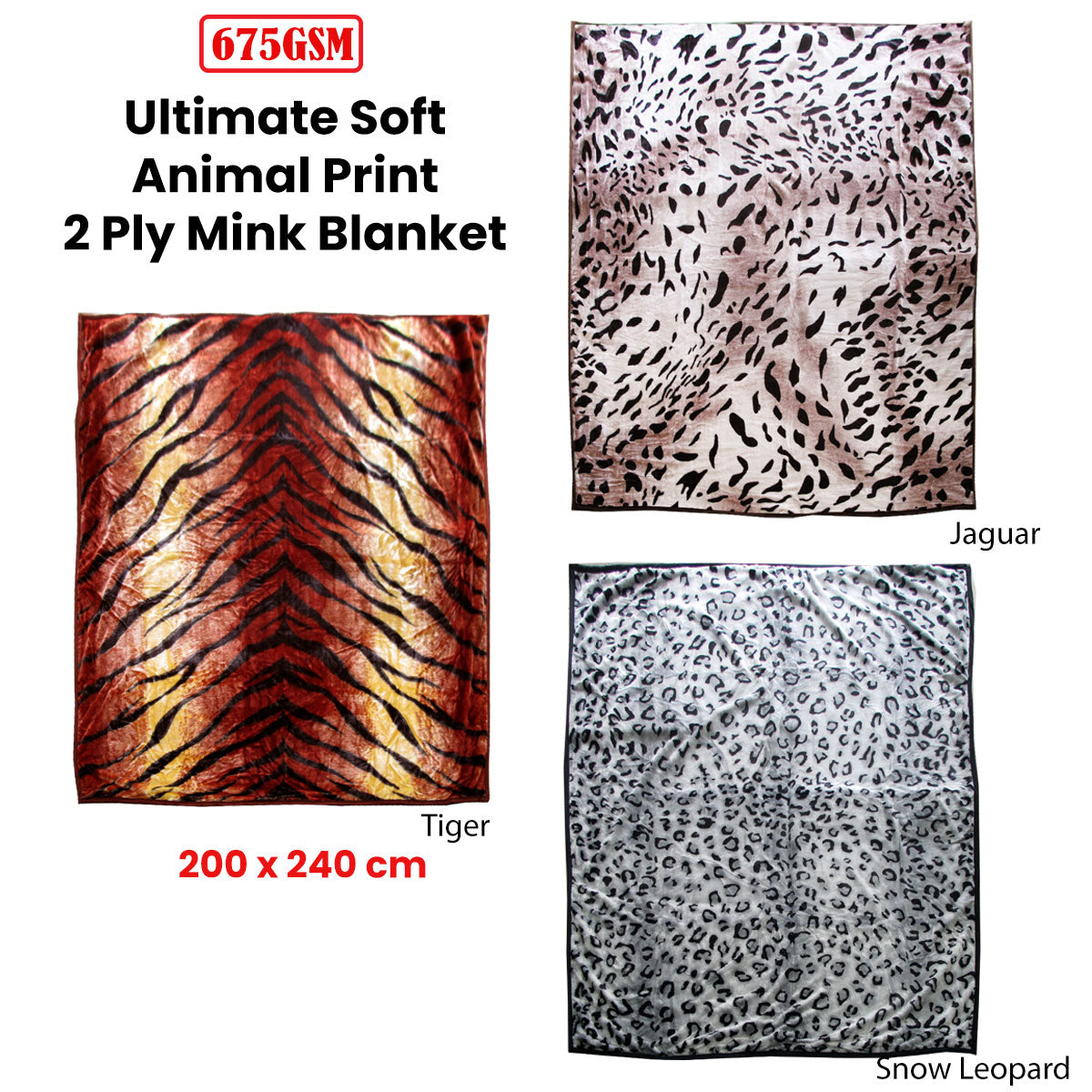 675gsm 2 Ply Animal Print Faux Mink Blanket Queen 200x240 cm Snow Leopard