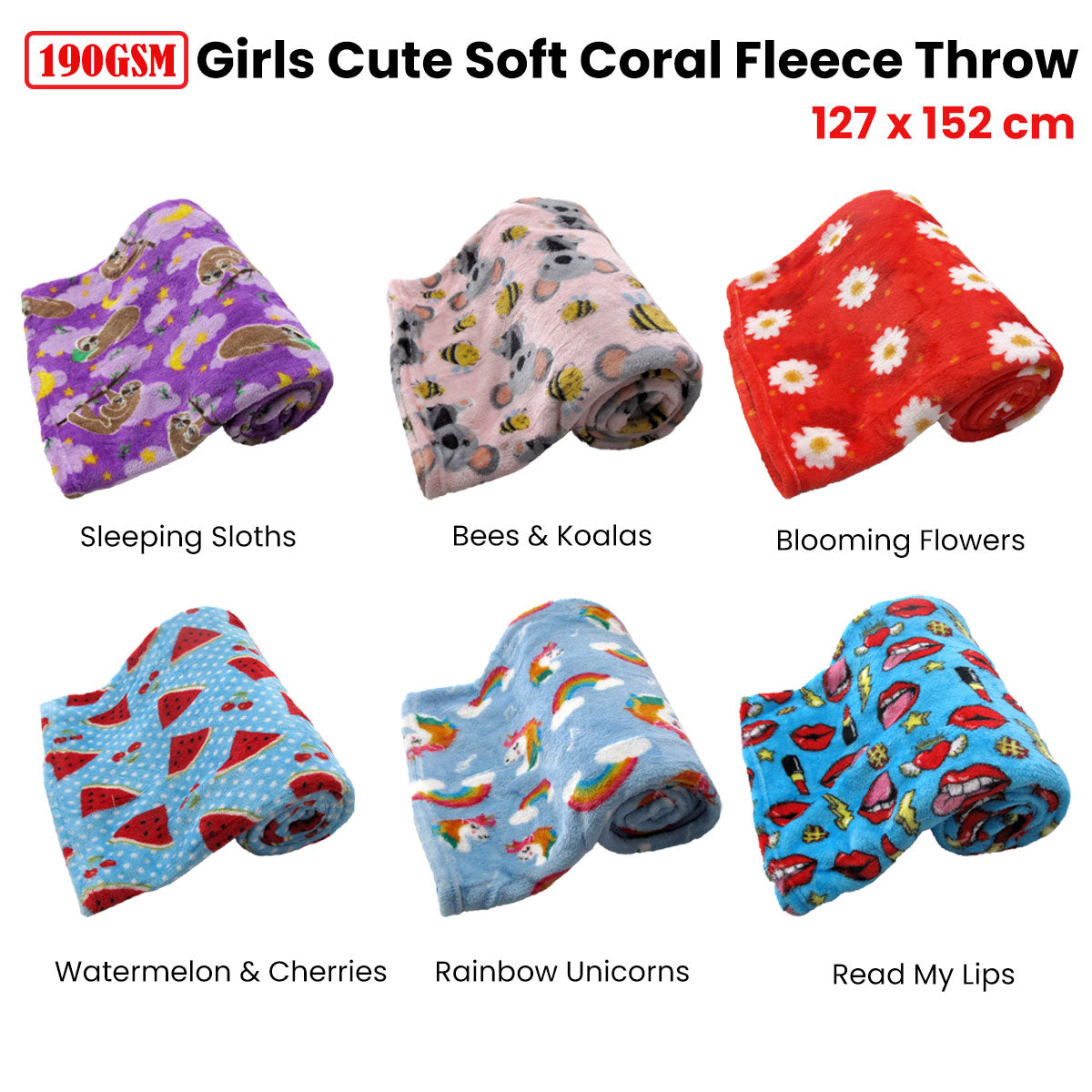 190GSM Girls Cute Ultra Soft Coral Fleece Throw 127 x 152cm Rainbow Unicorns
